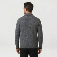 MannerCo men's dark gray slim fit cardigan sweater with lapel collar back view on male model