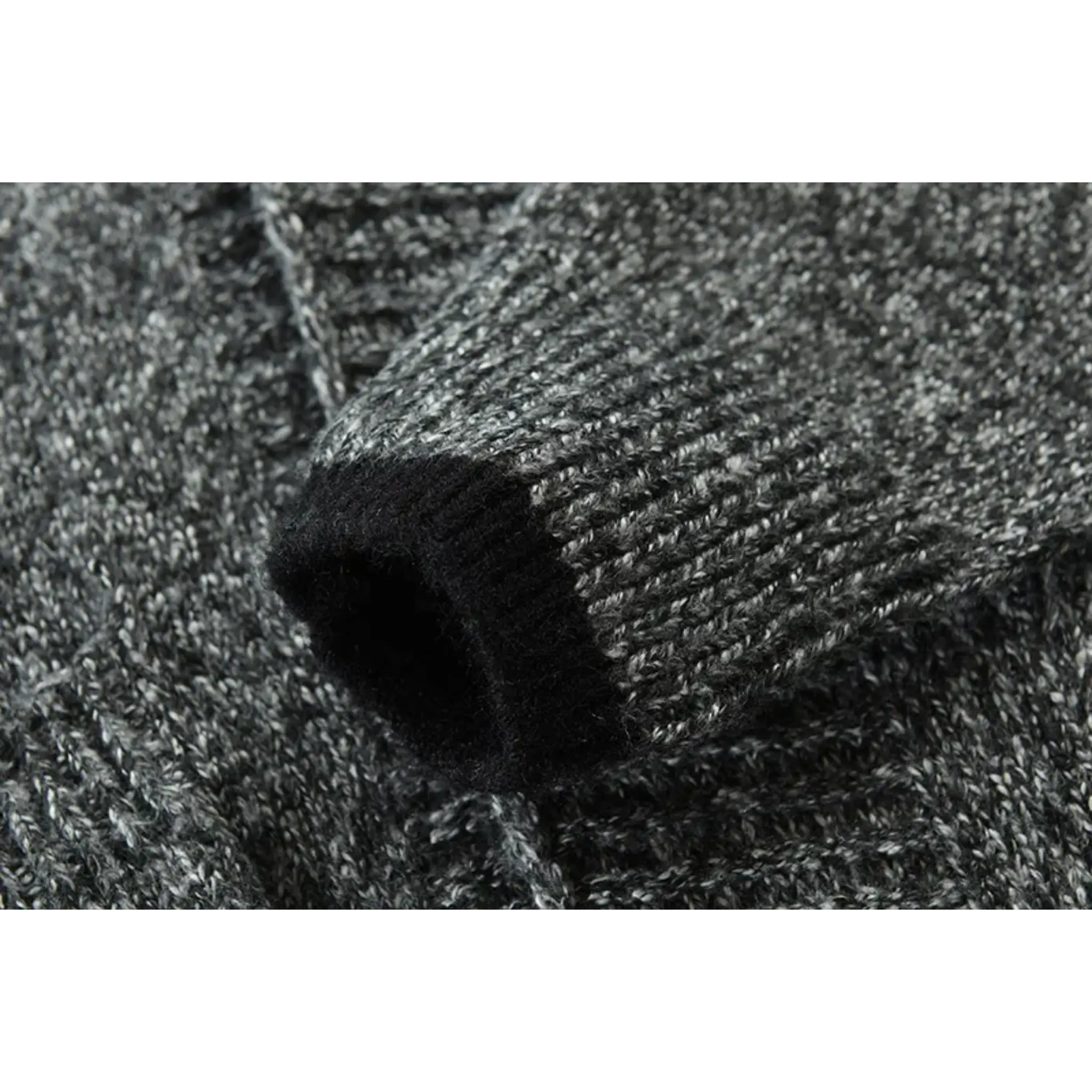 MannerCo men's dark gray cardigan sweater ribbed cuff and fleece lining detail close-up