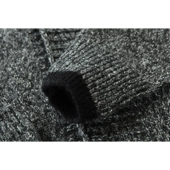 MannerCo men's dark gray cardigan sweater ribbed cuff and fleece lining detail close-up