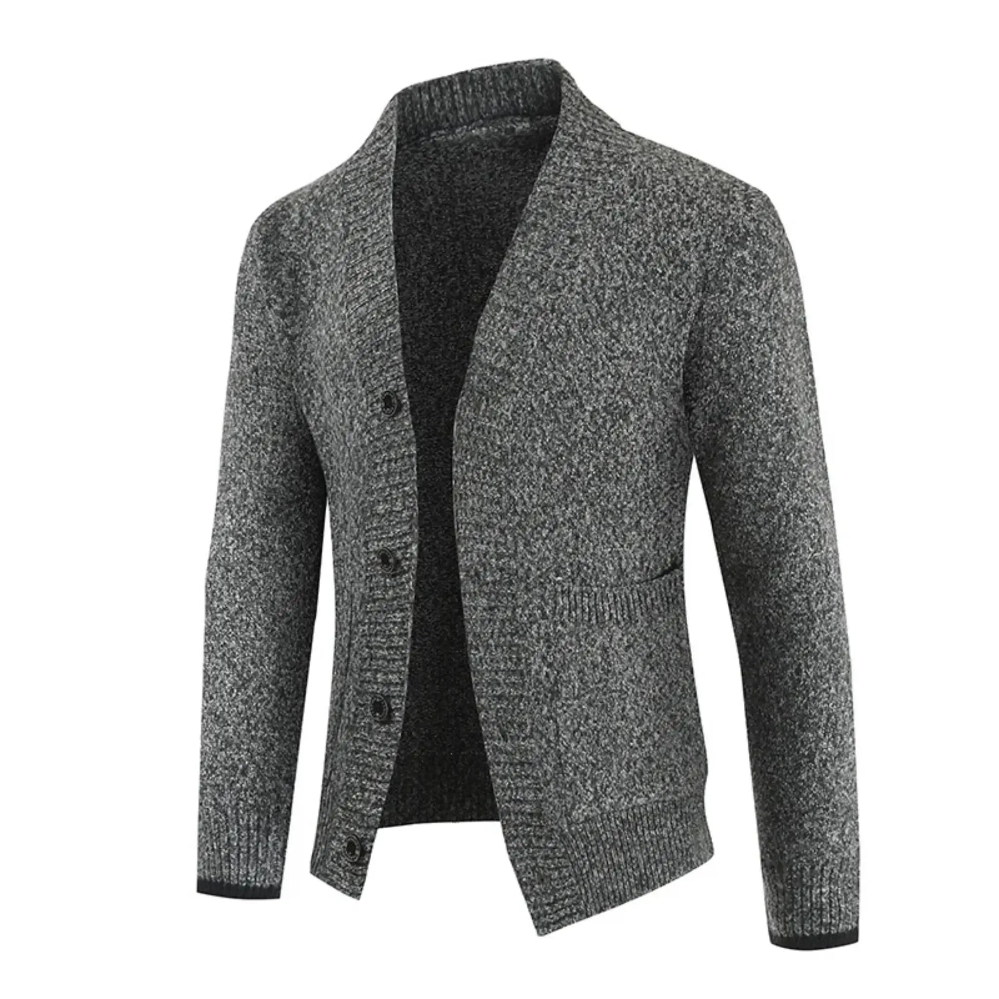 MannerCo men's dark gray slim fit cardigan sweater with lapel collar and button closure display