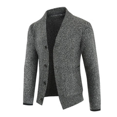 MannerCo men's dark gray slim fit cardigan sweater with lapel collar and button closure display