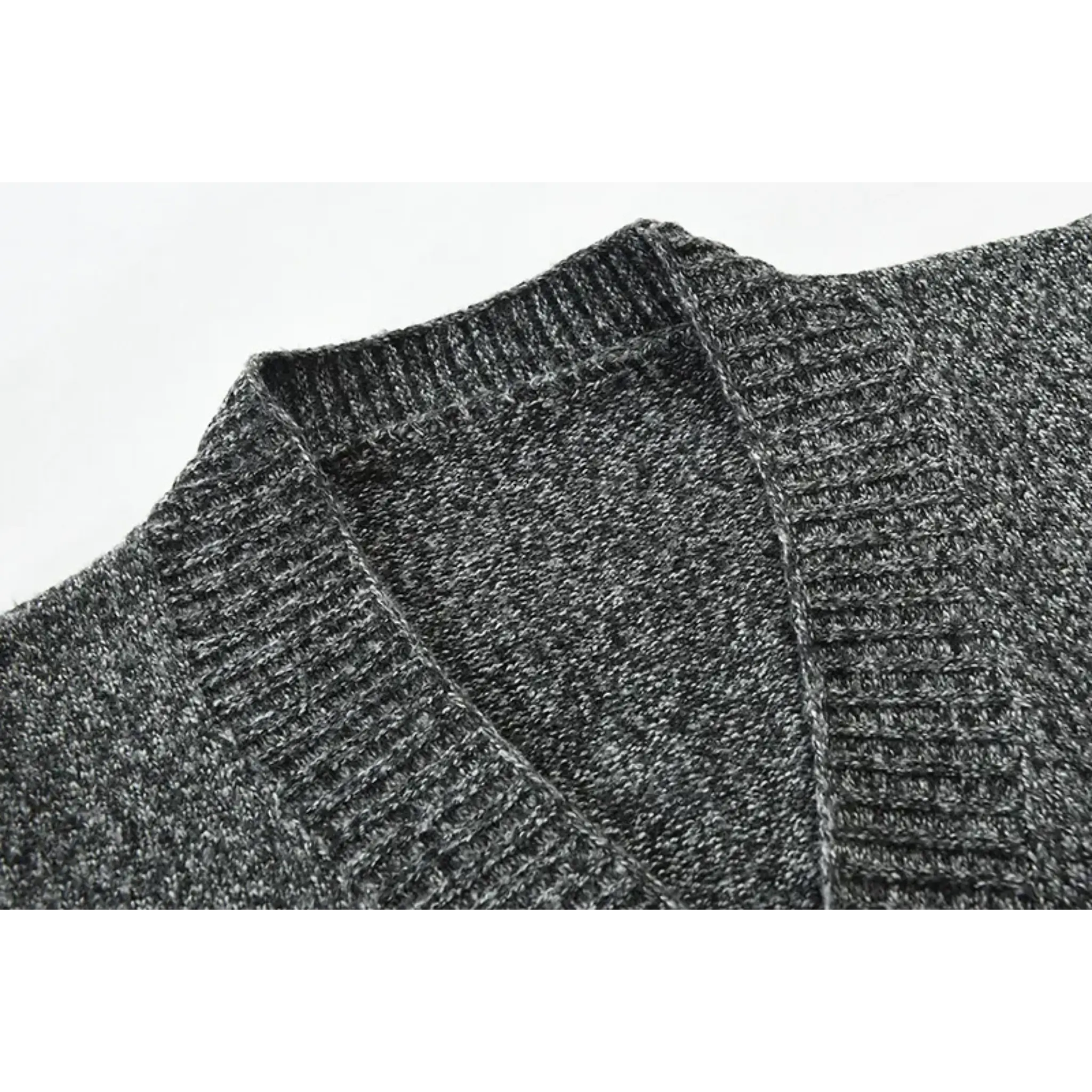 MannerCo men's dark gray slim fit cardigan sweater shoulder and collar detail close-up