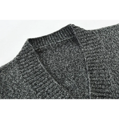 MannerCo men's dark gray slim fit cardigan sweater shoulder and collar detail close-up