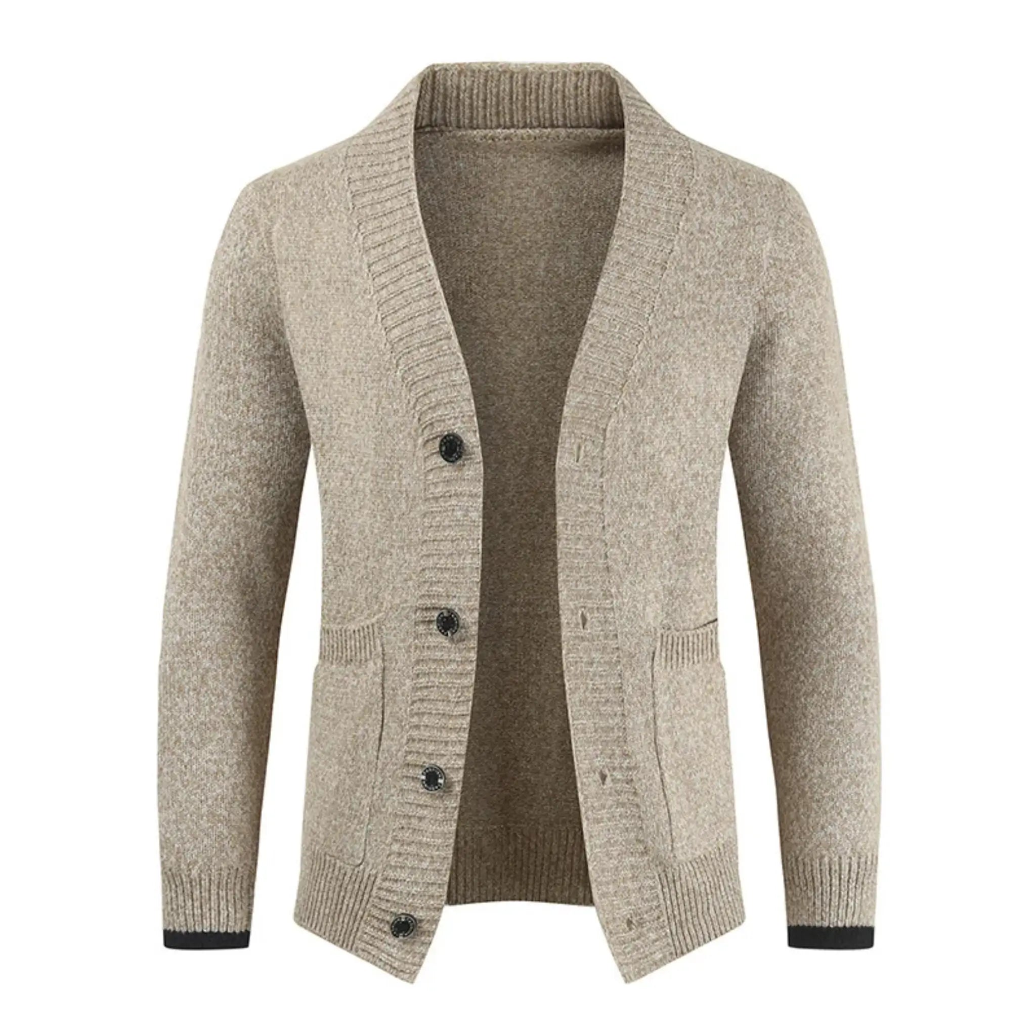 MannerCo men's slim fit khaki cardigan sweater with lapel collar and button closure display