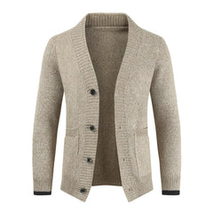 MannerCo men's slim fit khaki cardigan sweater with lapel collar and button closure display