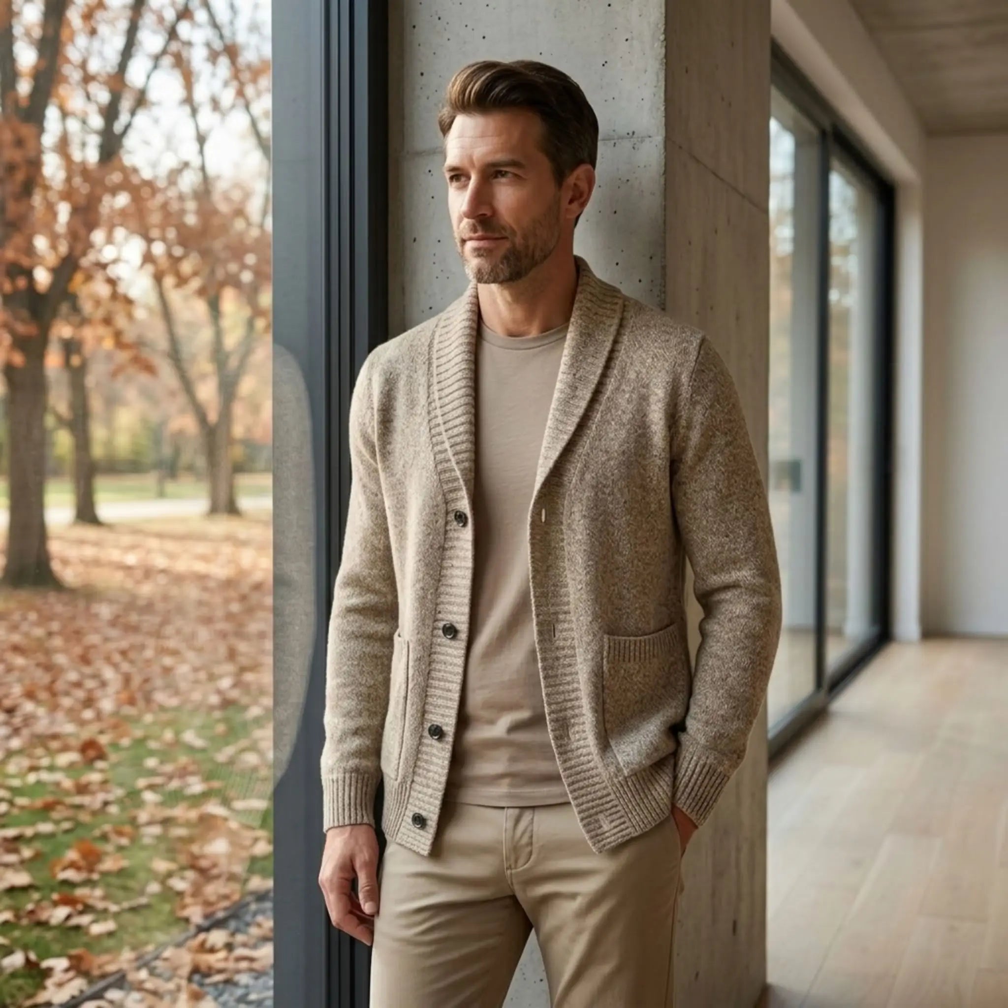 MannerCo men's khaki slim fit cardigan sweater with lapel collar and button closure worn indoors