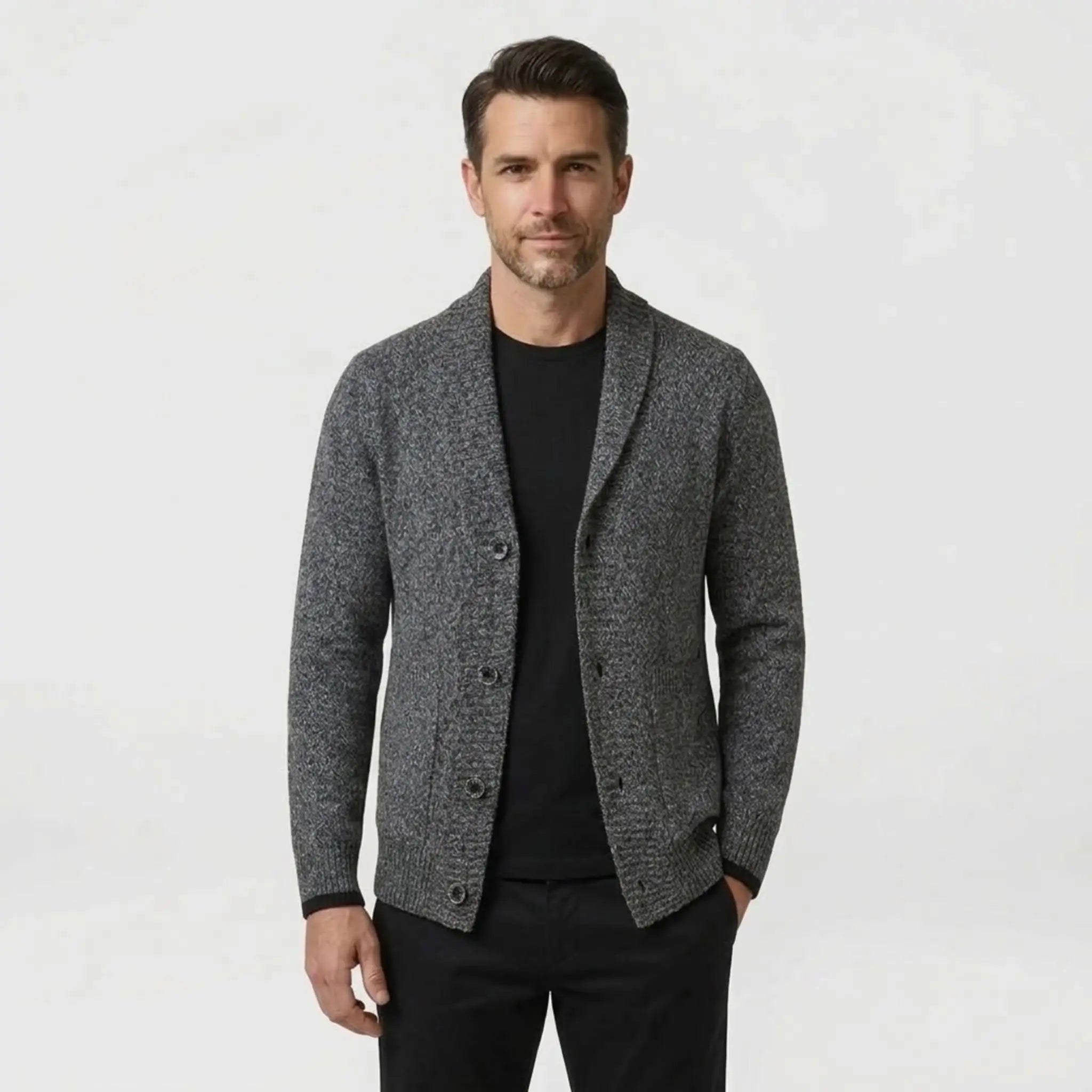 MannerCo men's slim fit dark gray lapel cardigan sweater with button closure styled with black tee