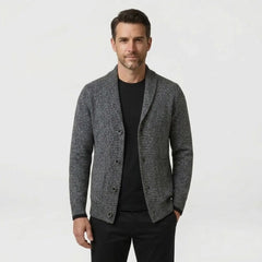 MannerCo men's slim fit dark gray lapel cardigan sweater with button closure styled with black tee