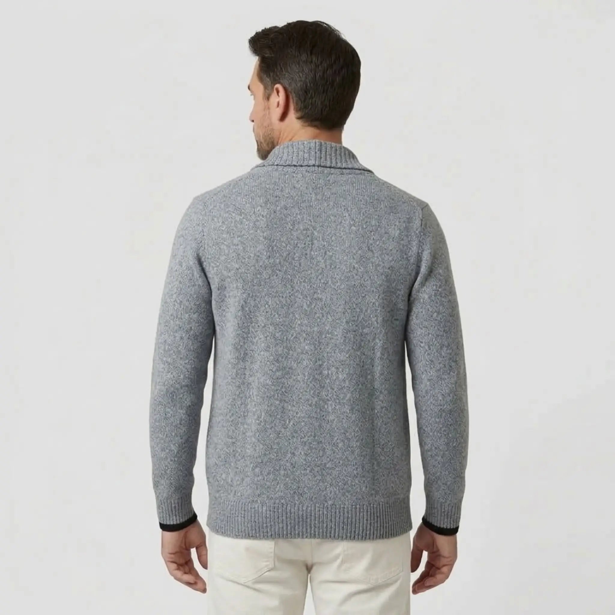 MannerCo men's slim fit light gray lapel cardigan sweater back view on male model