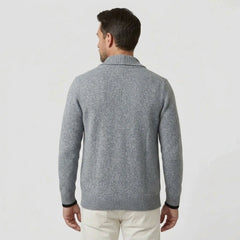 MannerCo men's slim fit light gray lapel cardigan sweater back view on male model