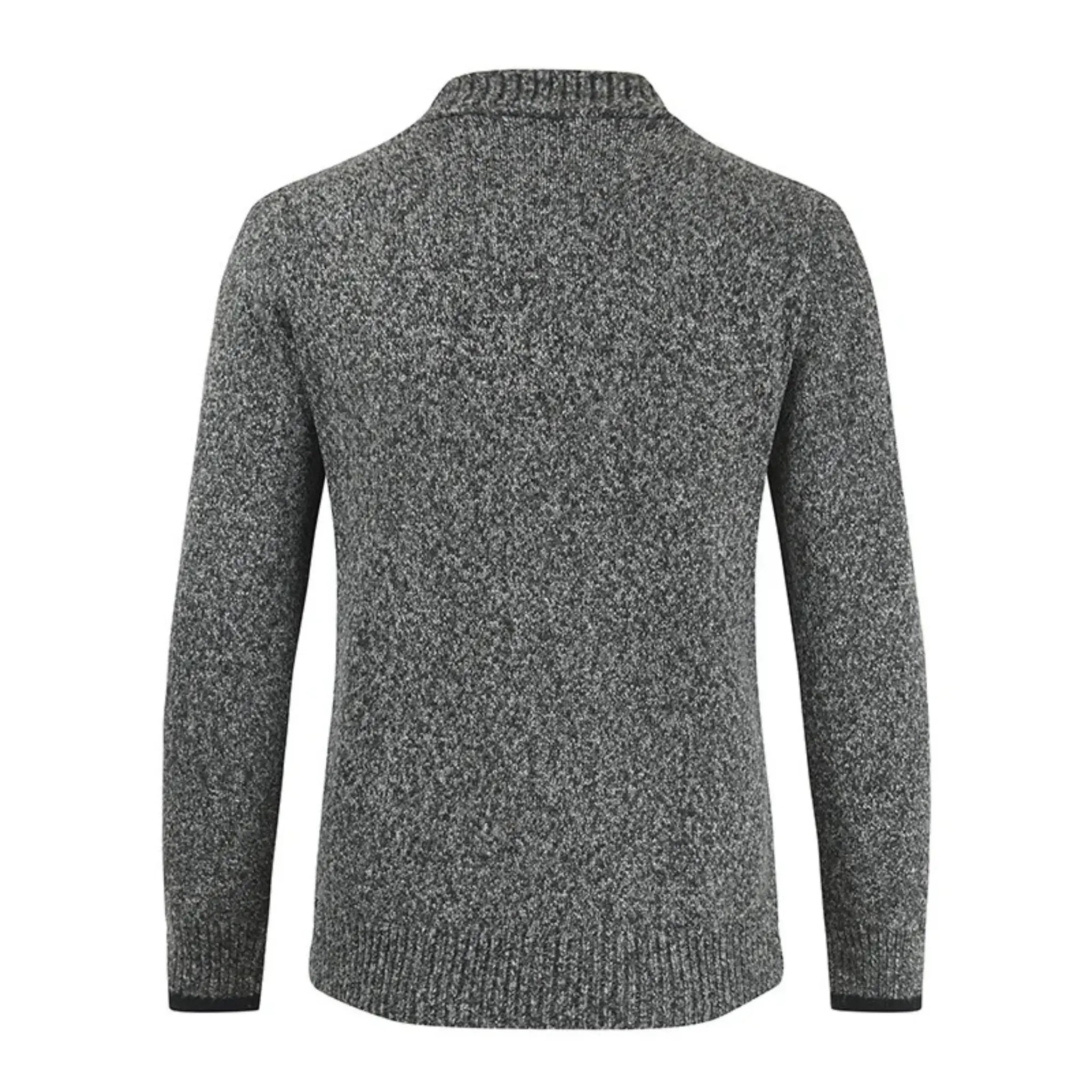 MannerCo men's slim fit lapel cardigan sweater in dark gray back view showing knit texture