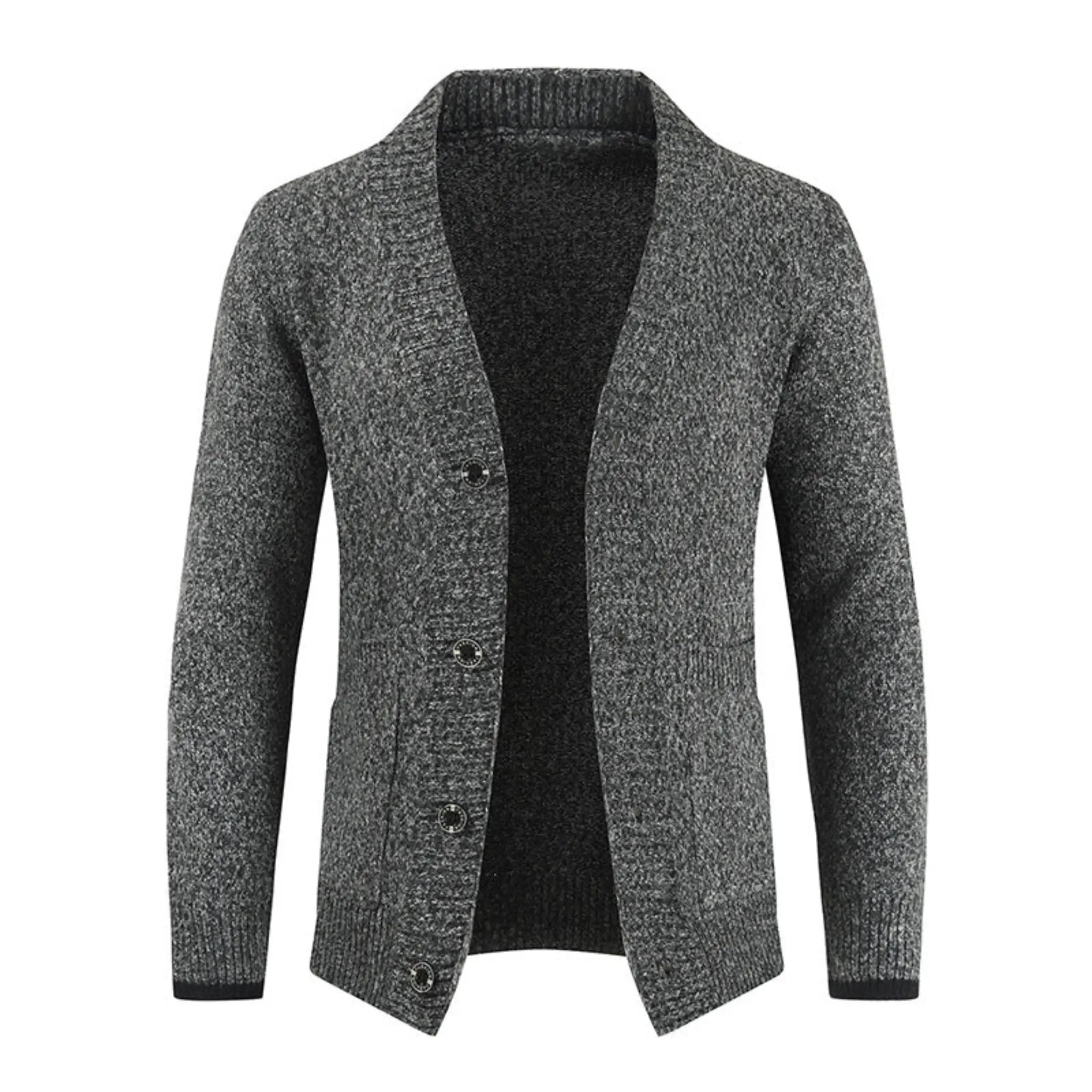 MannerCo men's dark gray slim fit lapel cardigan sweater with button closure and long sleeves