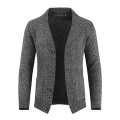 MannerCo men's dark gray slim fit lapel cardigan sweater with button closure and long sleeves