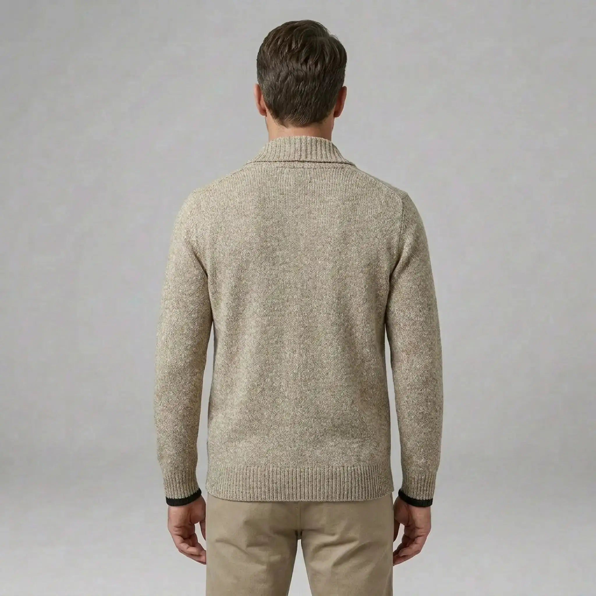 MannerCo men's khaki slim fit lapel cardigan sweater back view with black cuff detail