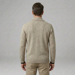 MannerCo men's khaki slim fit lapel cardigan sweater back view with black cuff detail