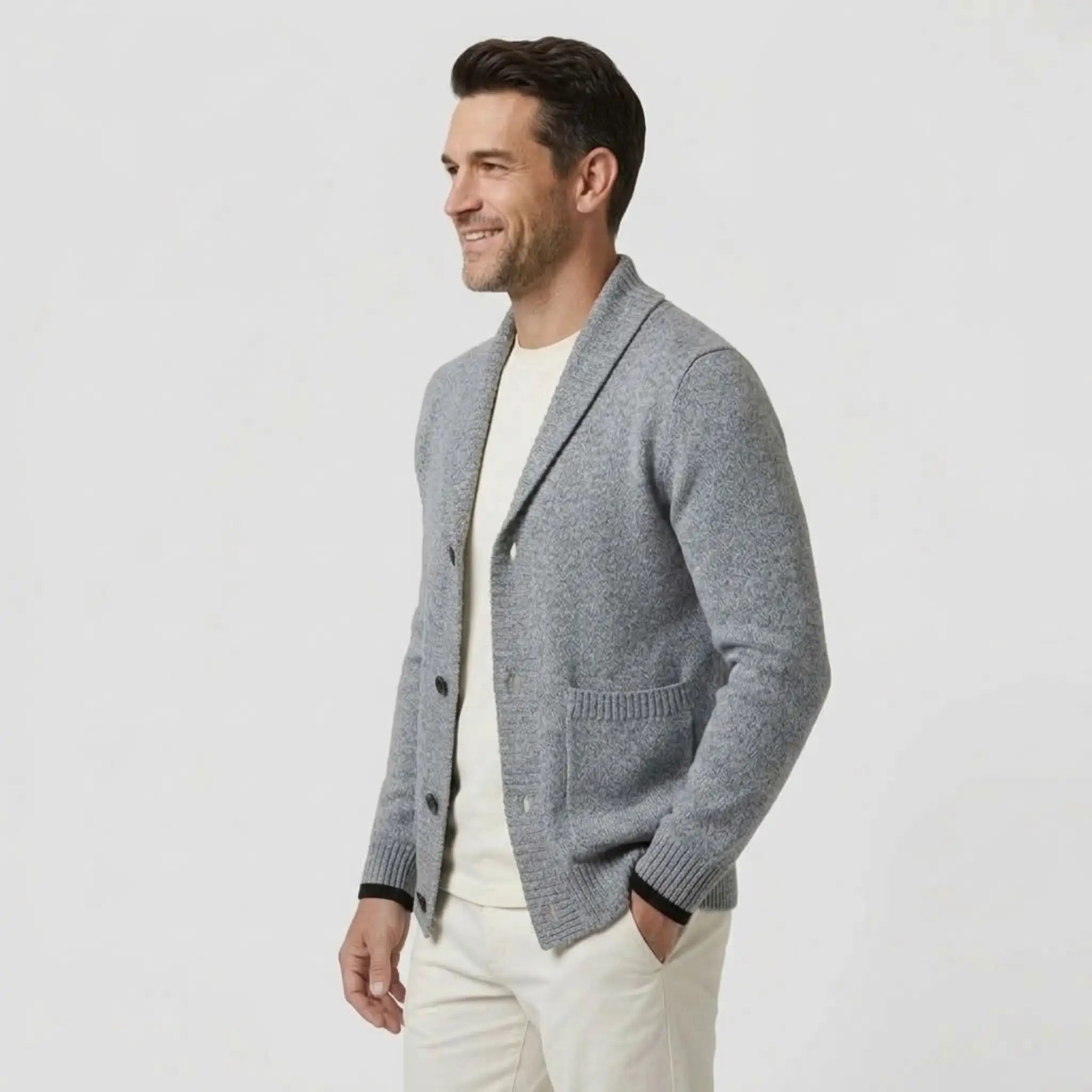 MannerCo men's light gray lapel cardigan sweater with button closure worn over white tee side view