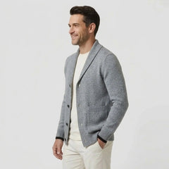 MannerCo men's light gray lapel cardigan sweater with button closure worn over white tee side view