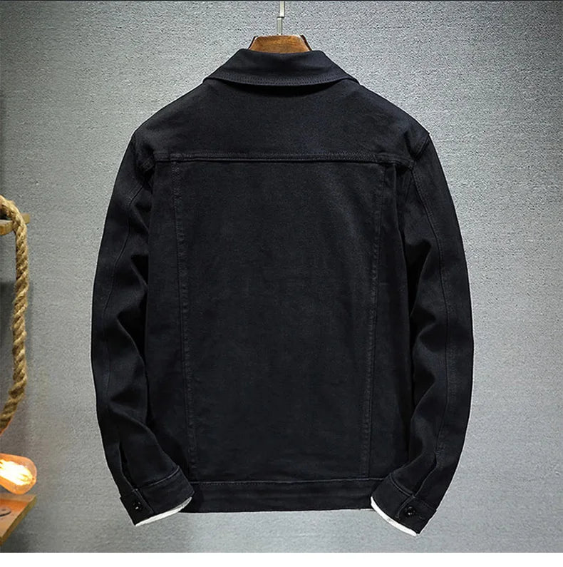 Black stretch denim jacket back view