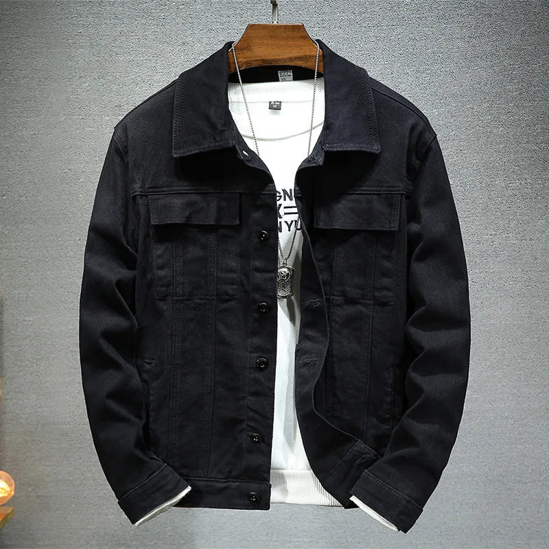 Black slim fit stretch denim trucker jacket
