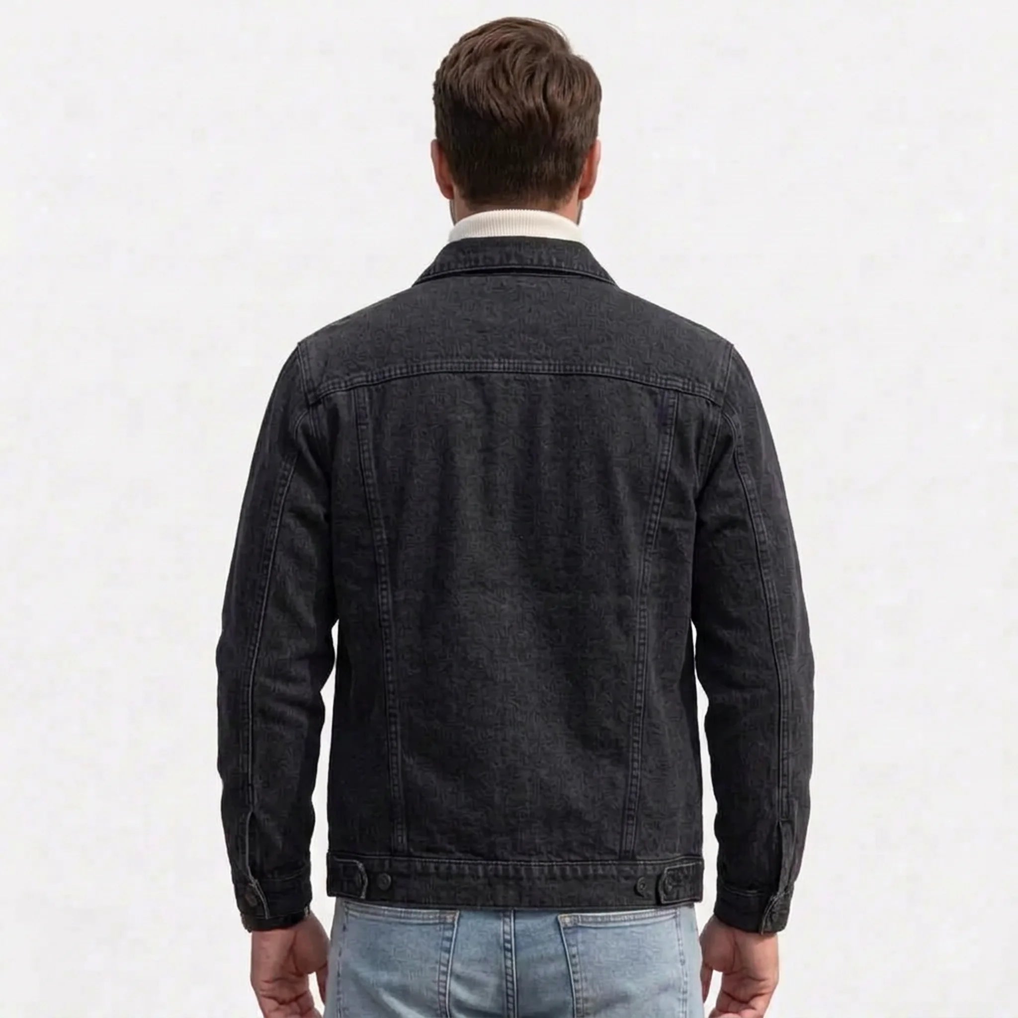 Black stretch denim jacket on model, back view