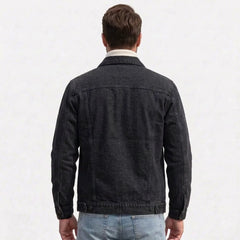 Black stretch denim jacket on model, back view