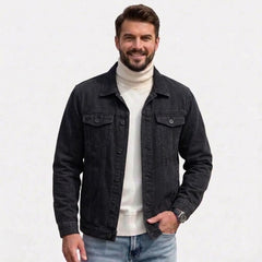 Black slim fit stretch denim jacket on model, front view