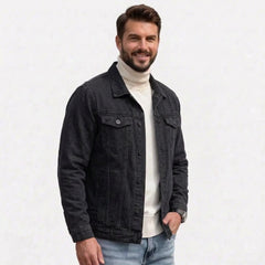 Black stretch denim jacket on model, side view
