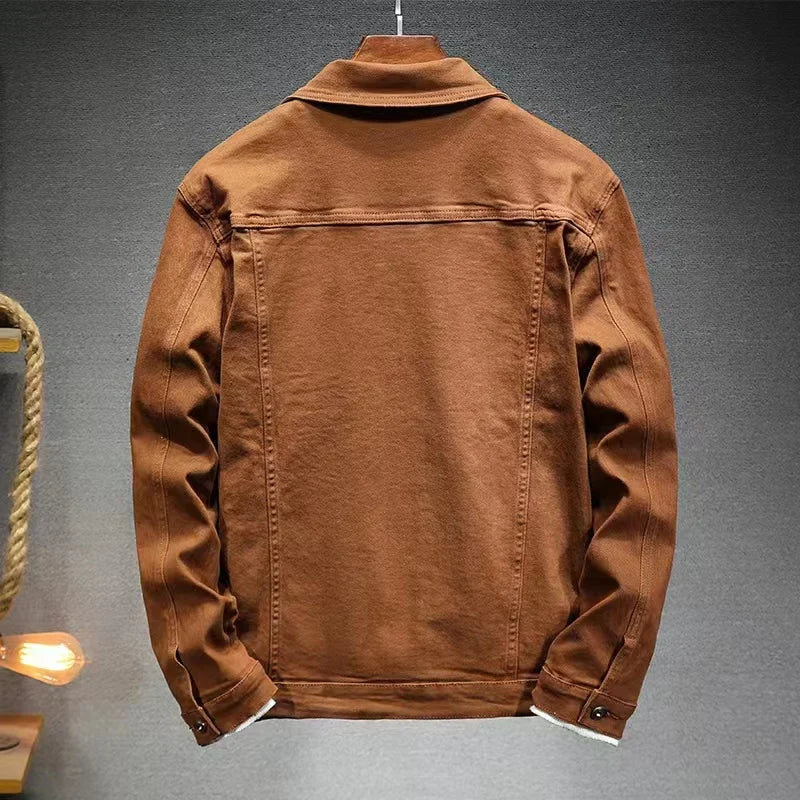 Camel denim jacket back view