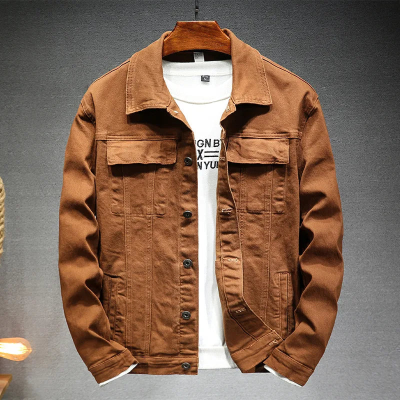 Camel stretch denim jacket with flap chest pockets