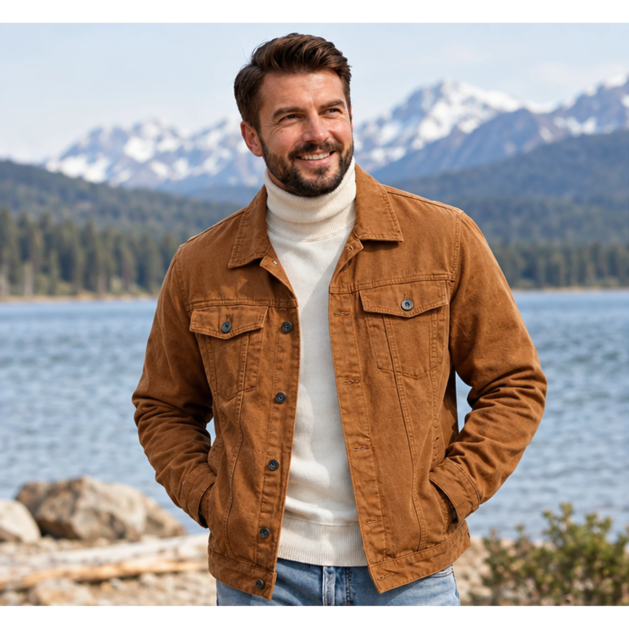 Man wearing camel denim jacket with turtleneck by a mountain lake