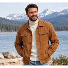 Man wearing camel denim jacket with turtleneck by a mountain lake