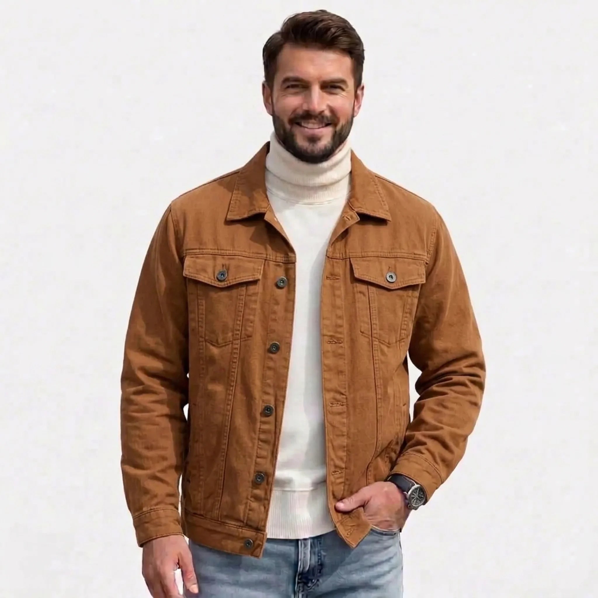 Camel slim fit stretch denim jacket on model, front view