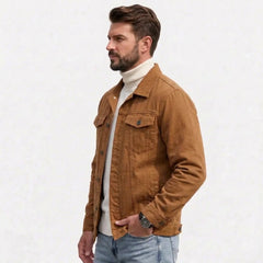 Camel stretch denim jacket on model, side view