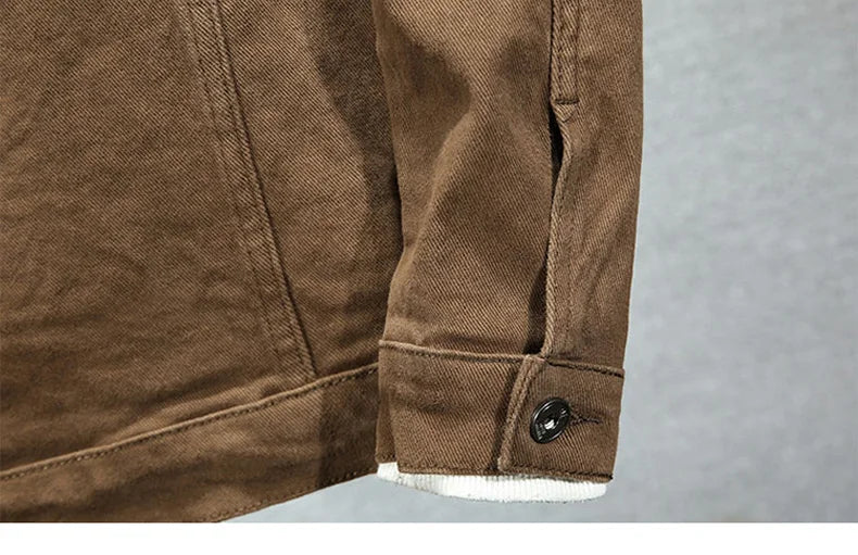Brown denim jacket buttoned cuff detail