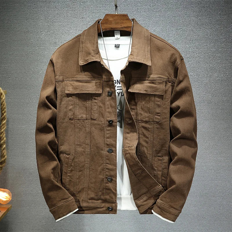 Coffee brown slim fit stretch denim trucker jacket, front view