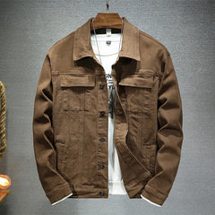 Coffee brown slim fit stretch denim trucker jacket, front view