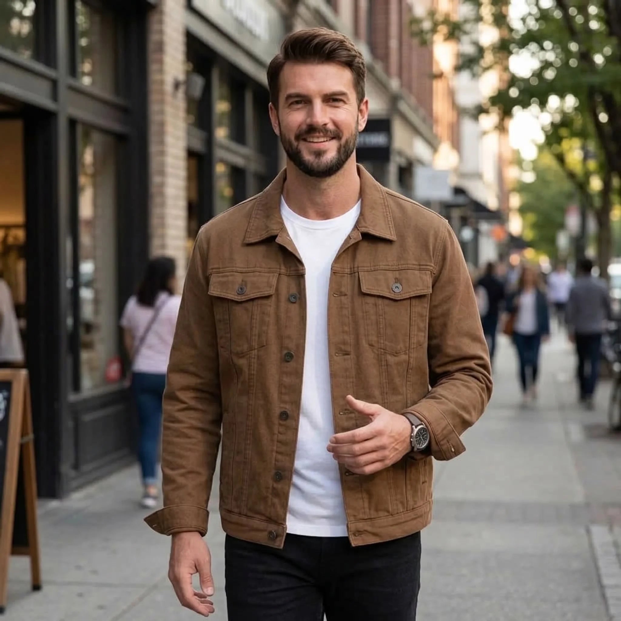 A man walking on a city sidewalk wearing a coffee corduroy jacket over a white t-shirt and black pants.