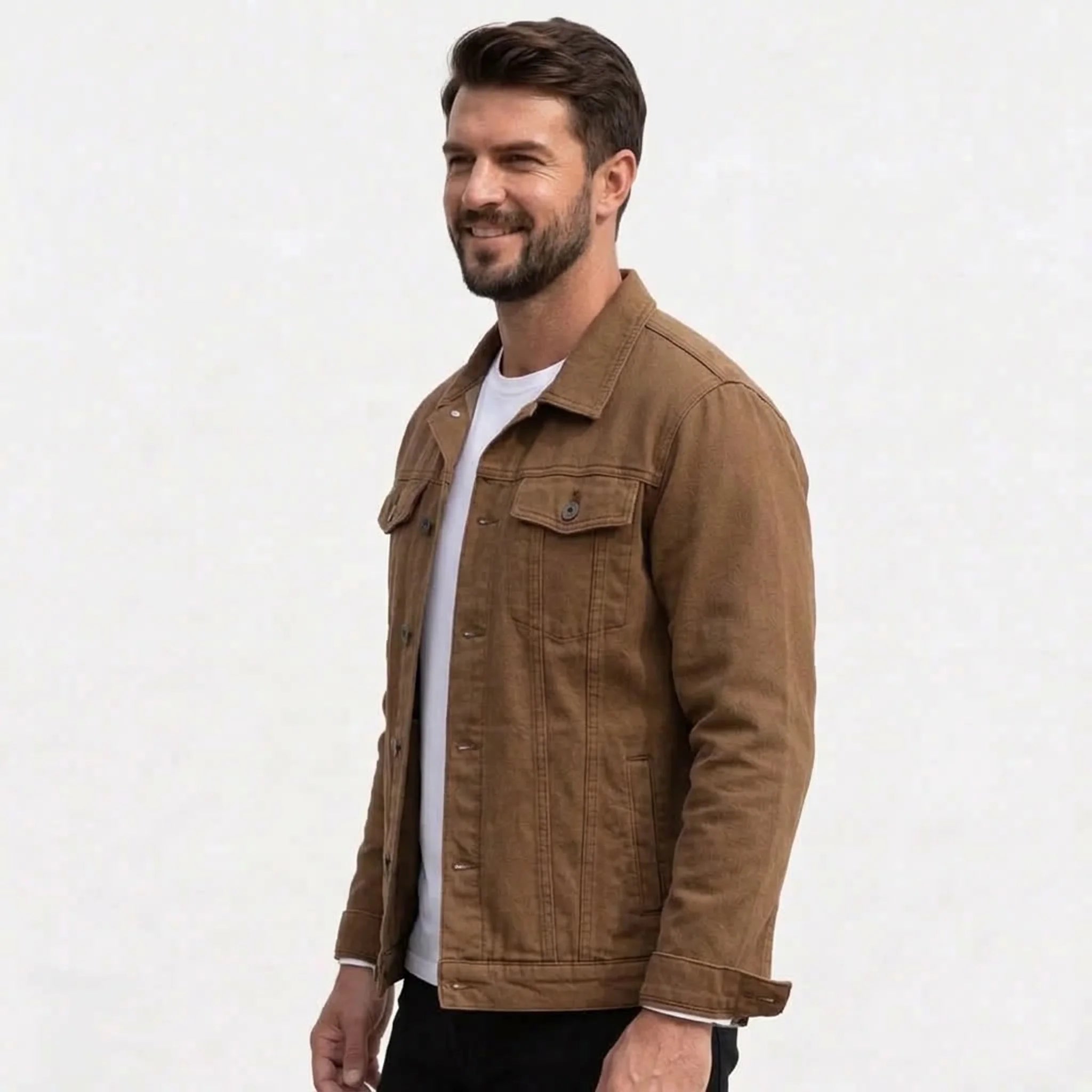 A man wearing a coffee utility-style trucker jacket over a white t-shirt and black pants, standing against a light gray textured background.