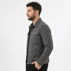 Man in a gray suede-look trucker jacket, side profile view