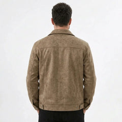 Back view of a man wearing a khaki suede-look trucker jacket