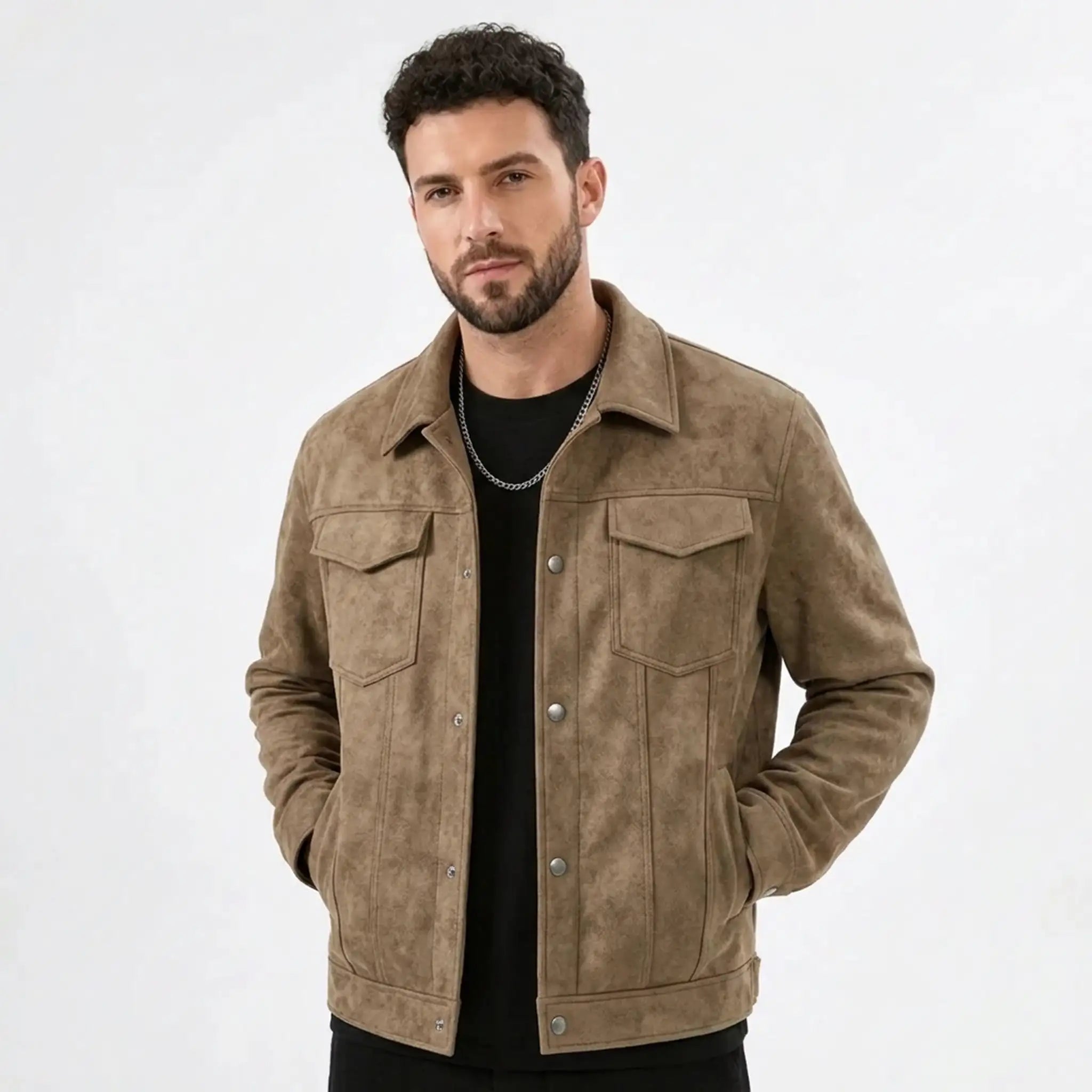 Man wearing a khaki suede-look trucker jacket over a black tee, front view