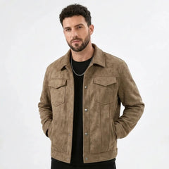 Man wearing a khaki suede-look trucker jacket over a black tee, front view