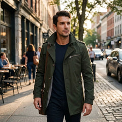 Man wearing army green trench coat on a city street