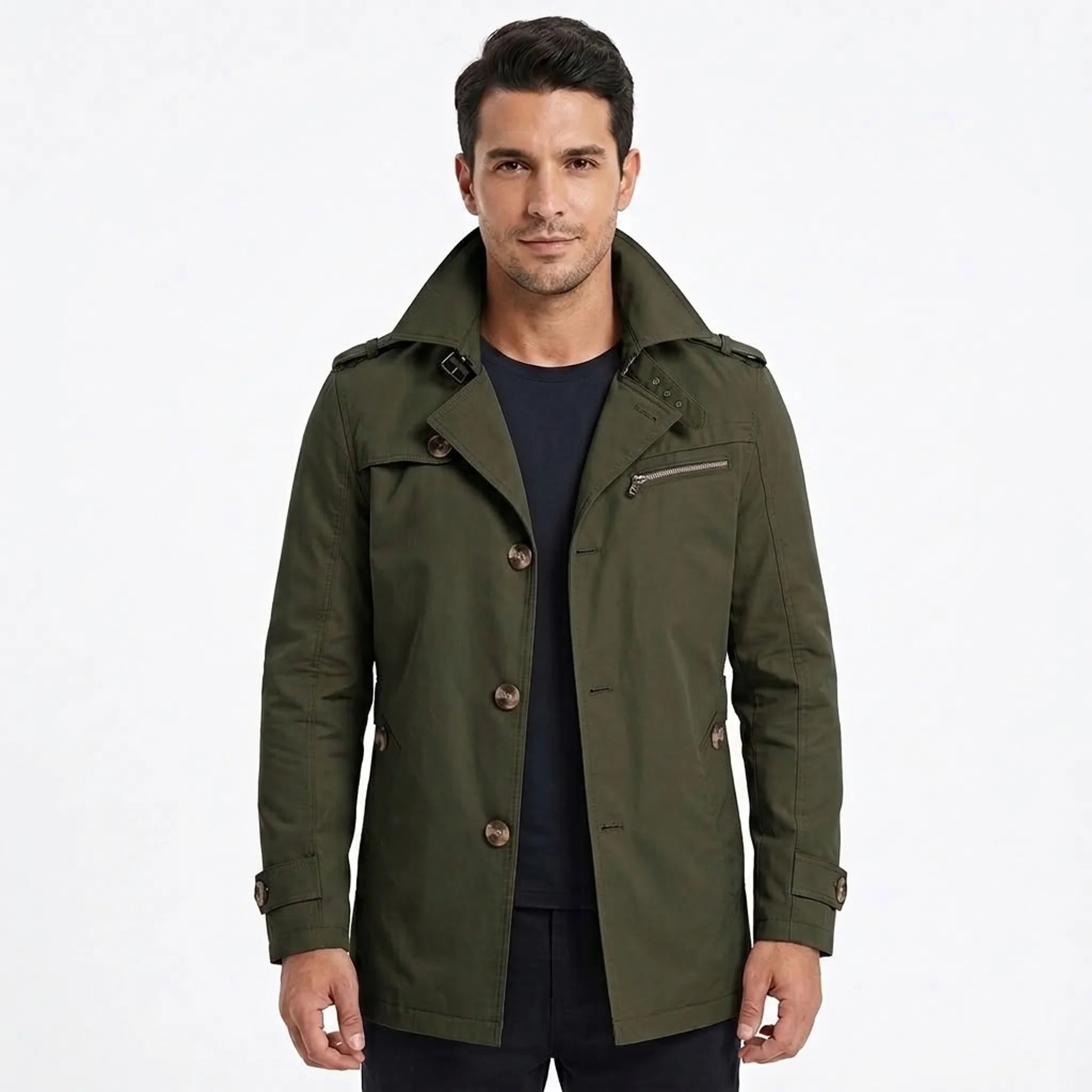 Army green cotton trench coat on model, front view
