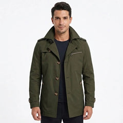 Army green cotton trench coat on model, front view