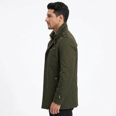 Army green cotton trench coat on model, side view