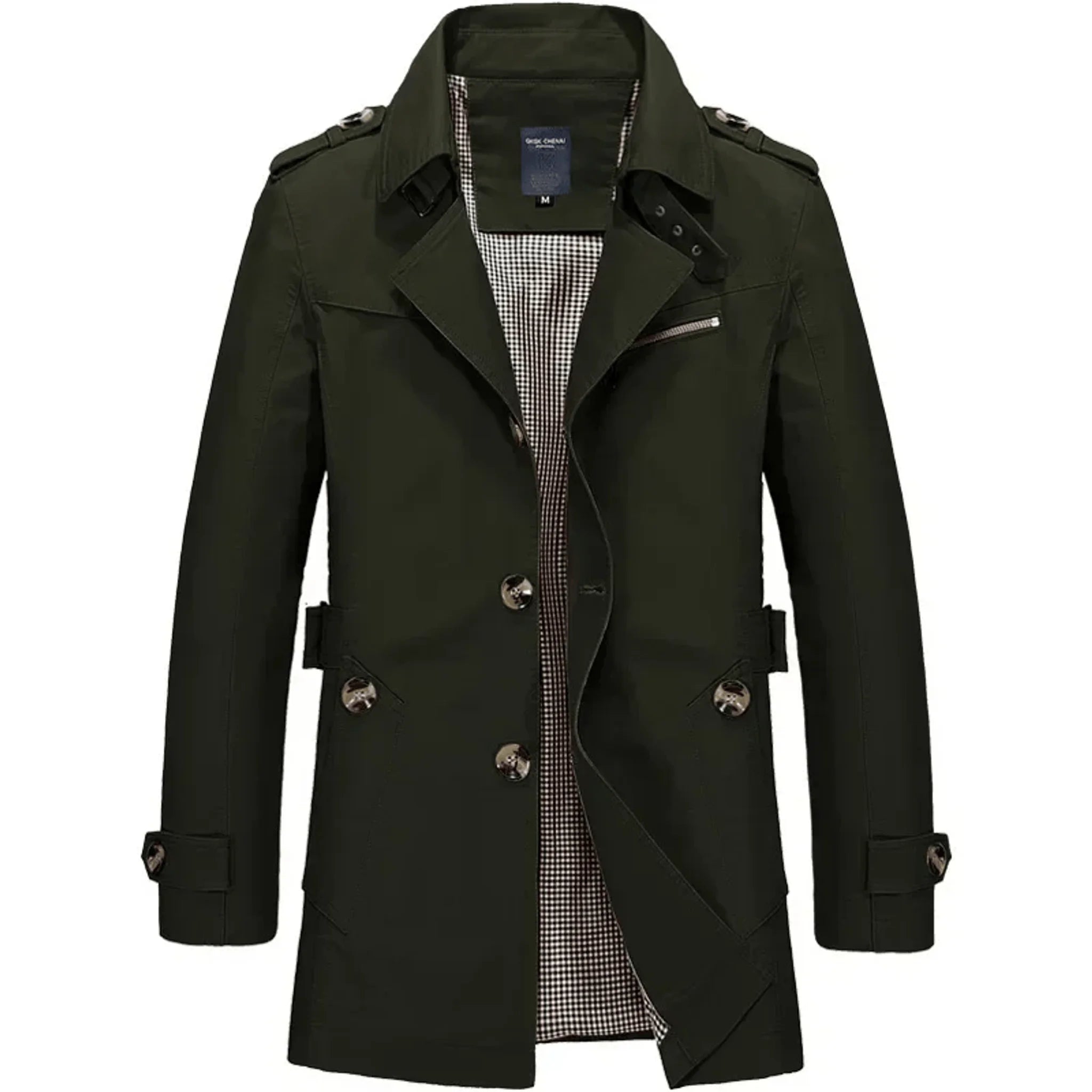 Army green single-breasted cotton trench coat, front view