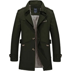 Army green single-breasted cotton trench coat, front view