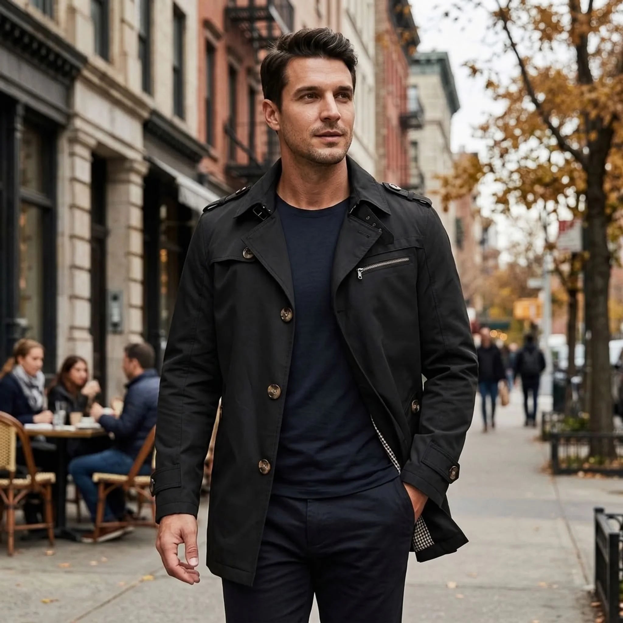 Man wearing black trench coat on a city street