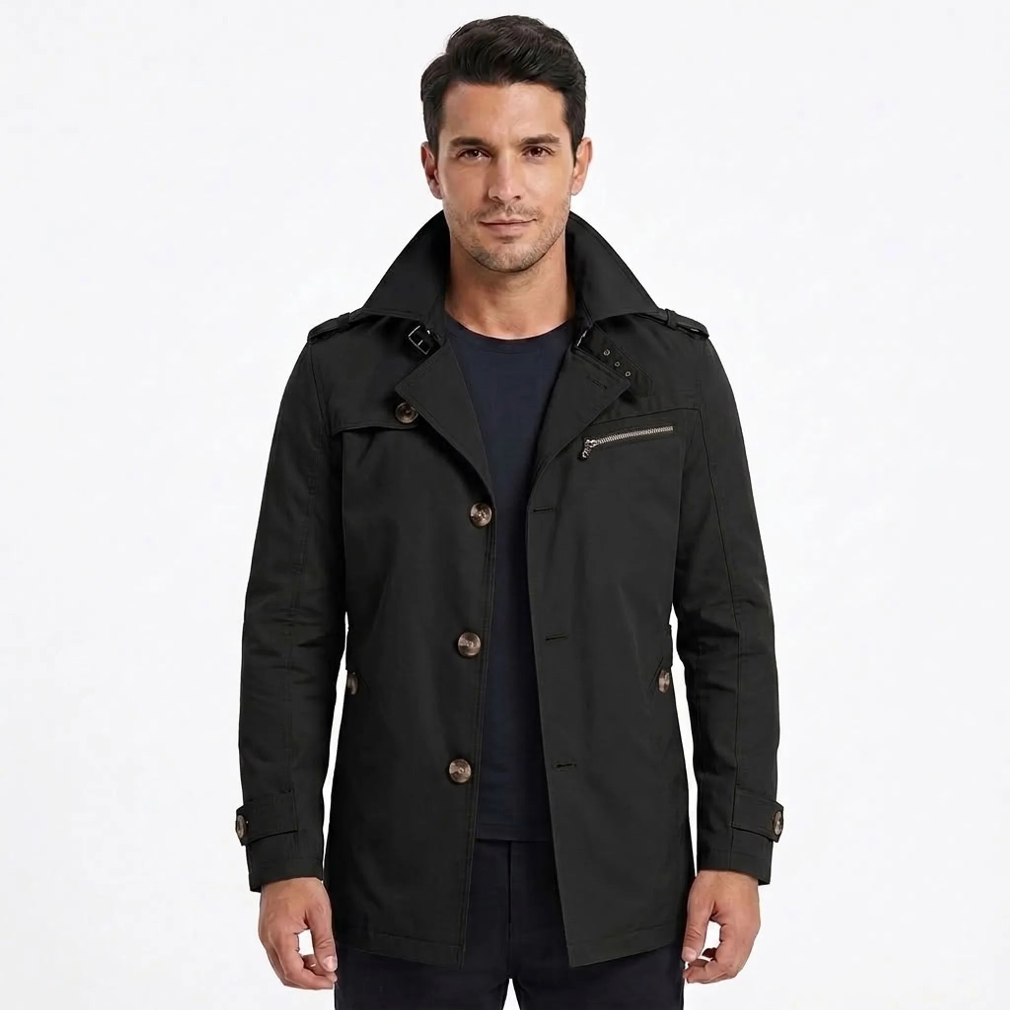 Black cotton trench coat on model, front view